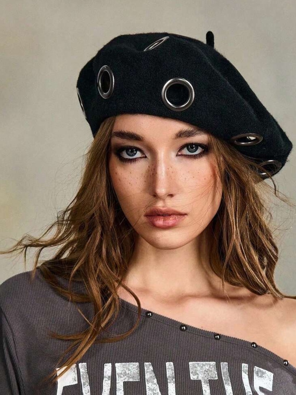 ROMWE Grunge Punk 1pc Punk Style Metal Ring Beret Hat, Spcial Designal Hat,